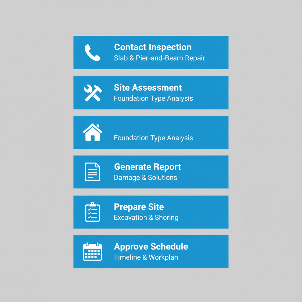 Vertical process flow diagram illustrating five steps to start foundation repair in Cedar Park with icons for contact, assessment, report, site preparation, and approval.