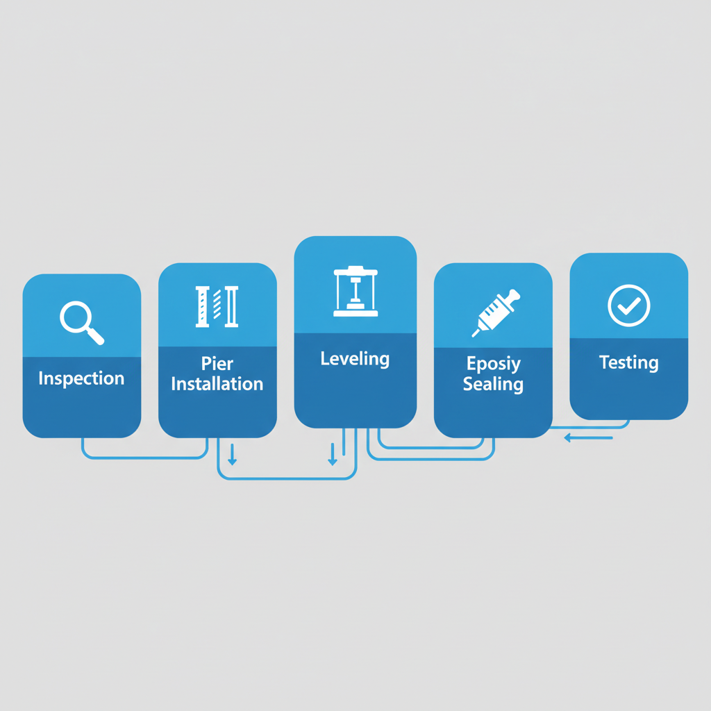 Horizontal process flow diagram illustrating the five key stages of foundation repair services in Cedar Park: inspection, pier installation, leveling, sealing, and testing.