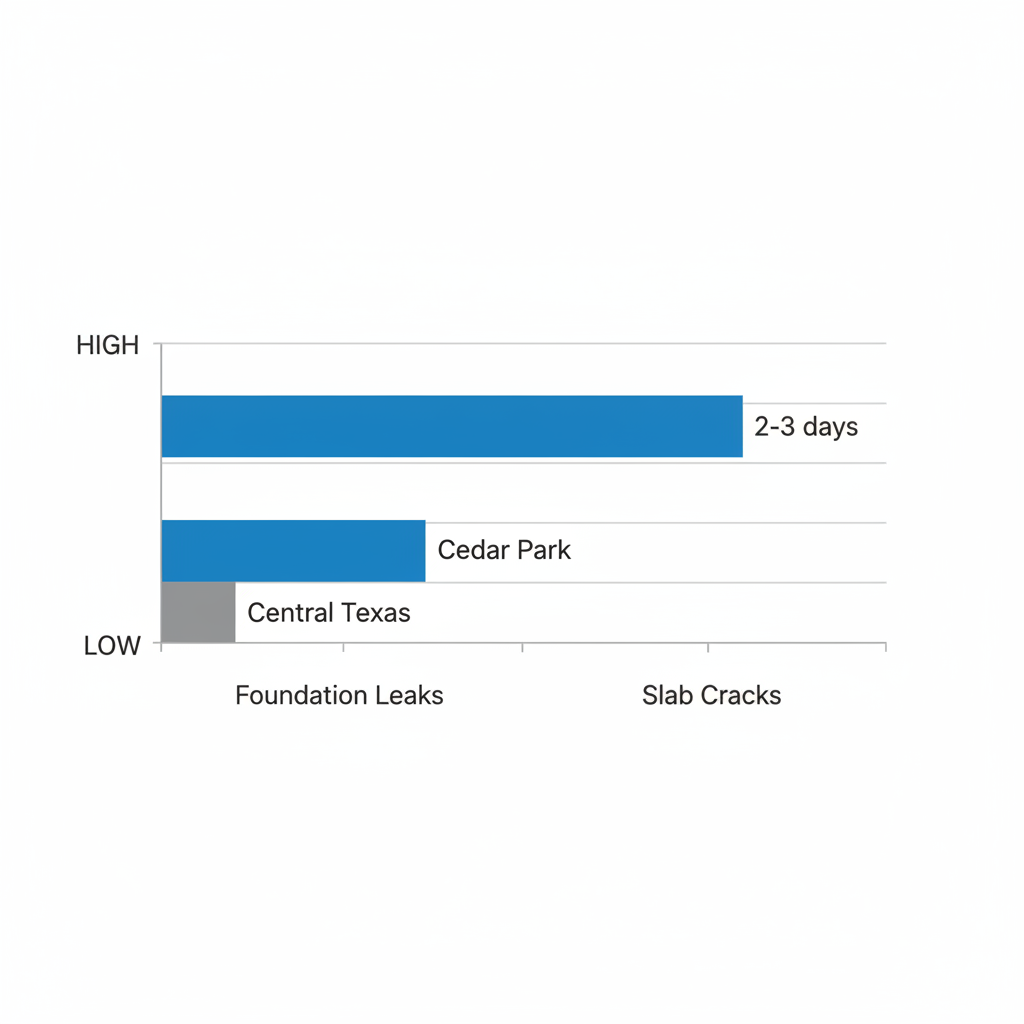 Horizontal bar chart comparing prevalence of foundation leaks and slab cracks in Cedar Park versus Central Texas, with repair time labels in days