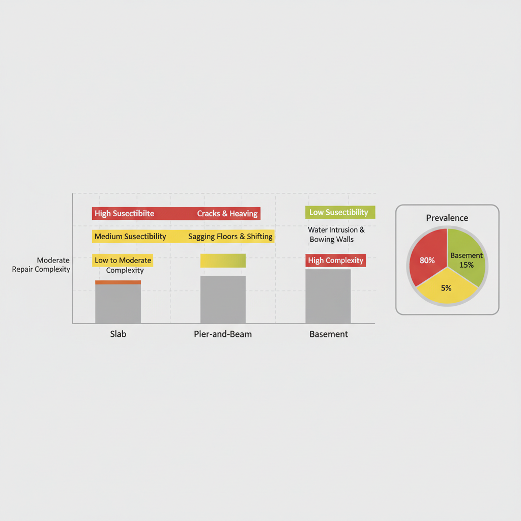 Bar chart comparing foundation types, susceptibility levels, repair complexity, and prevalence in Cedar Park, Texas