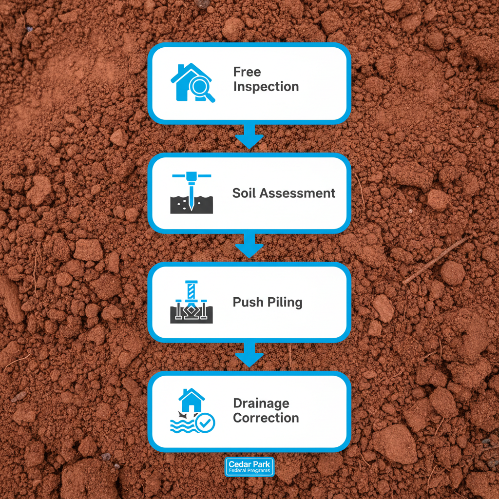 Process flow diagram illustrating five stages of foundation repair services in Cedar Park with icons and arrows