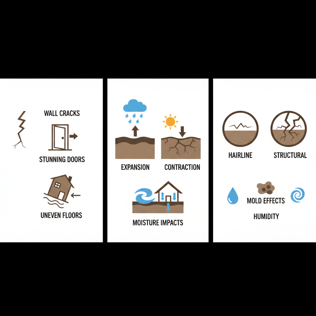 Infographic with three panels illustrating common foundation problems in Georgetown: signs like cracks and uneven floors, soil and weather factors causing expansion and moisture issues, and types of foundation cracks.