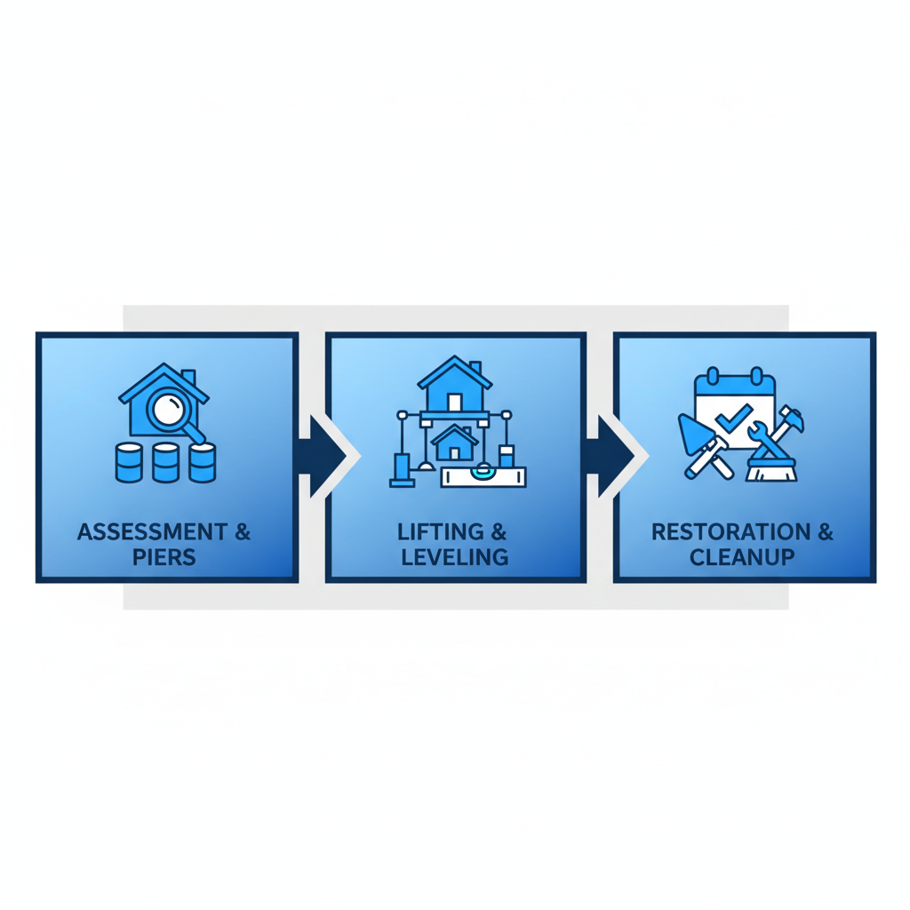 Horizontal process flow diagram illustrating the three main stages of foundation repair: initial assessment and pier installation, hydraulic lifting and leveling, and site restoration.