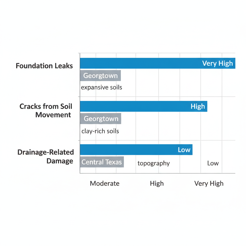 Horizontal bar chart comparing foundation issues in Georgetown versus Central Texas averages, highlighting leaks, cracks, and drainage damage.