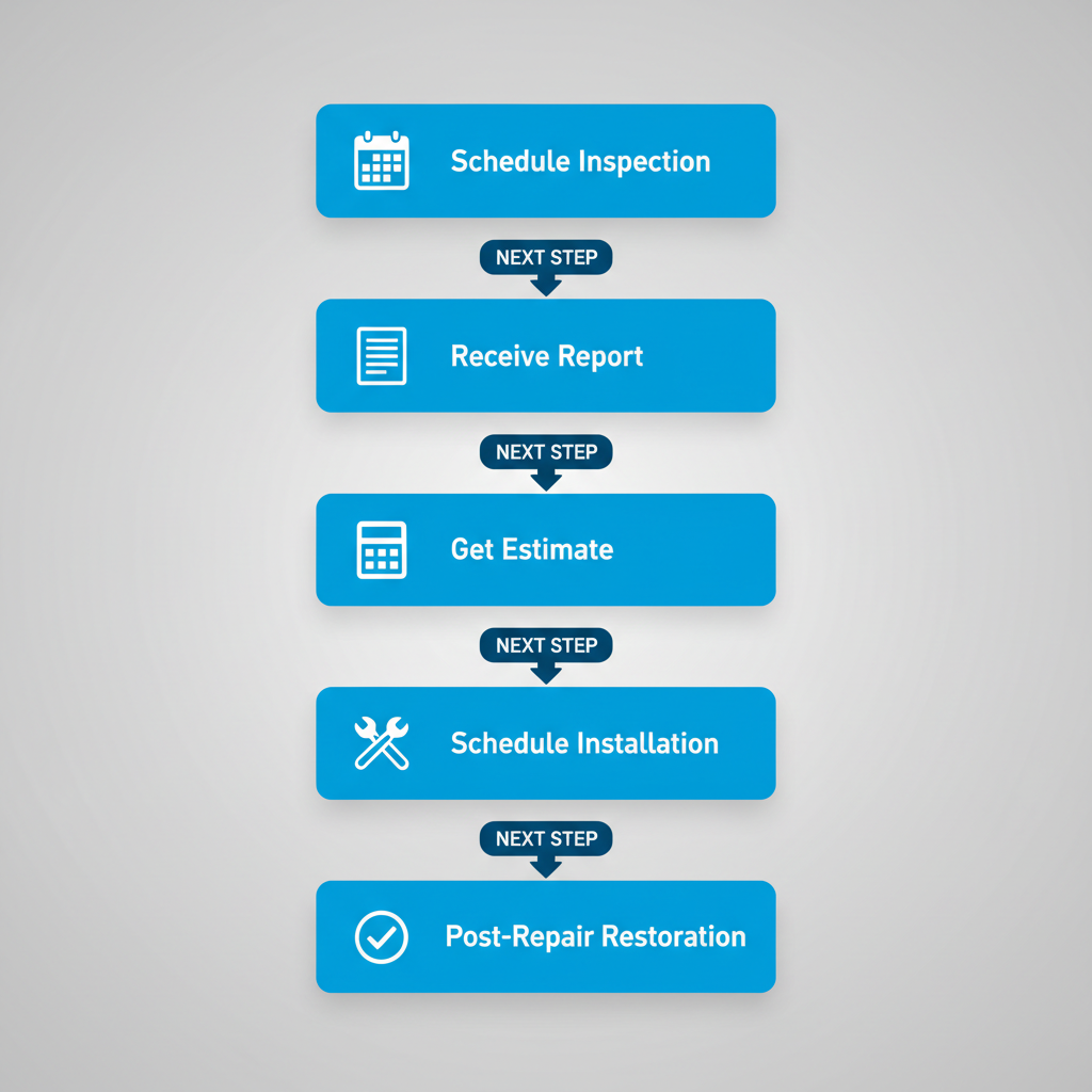 Vertical diagram showing five steps to start foundation repair: scheduling inspection, receiving report, getting estimate, scheduling installation, and restoration.