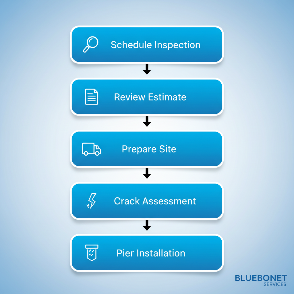 Vertical process flow diagram illustrating the five key steps to begin foundation repair: scheduling free inspection, reviewing estimate and permits, preparing site access, initial crack assessment, and beginning pier installation.