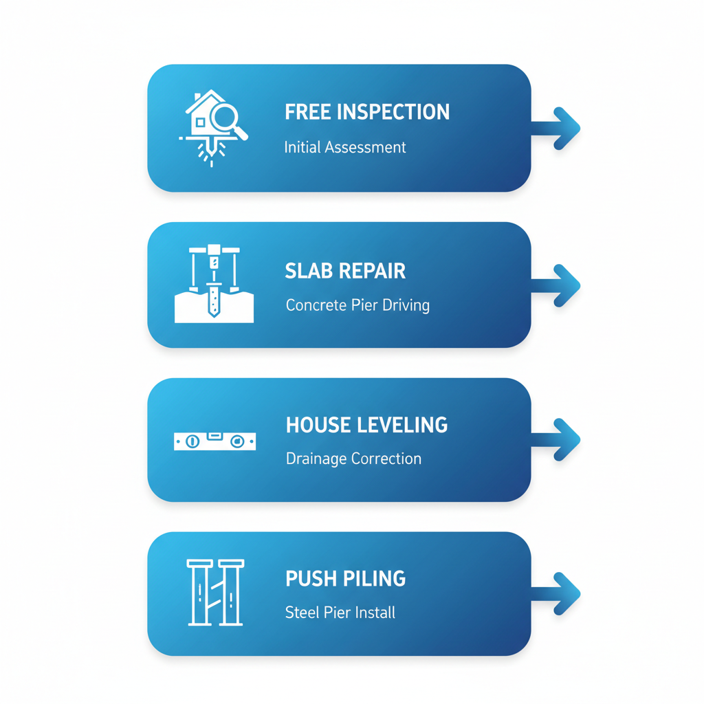 Process flow diagram illustrating four key stages of foundation repair services: free inspection, slab foundation repair, house leveling, and push piling installation with icons and connections.