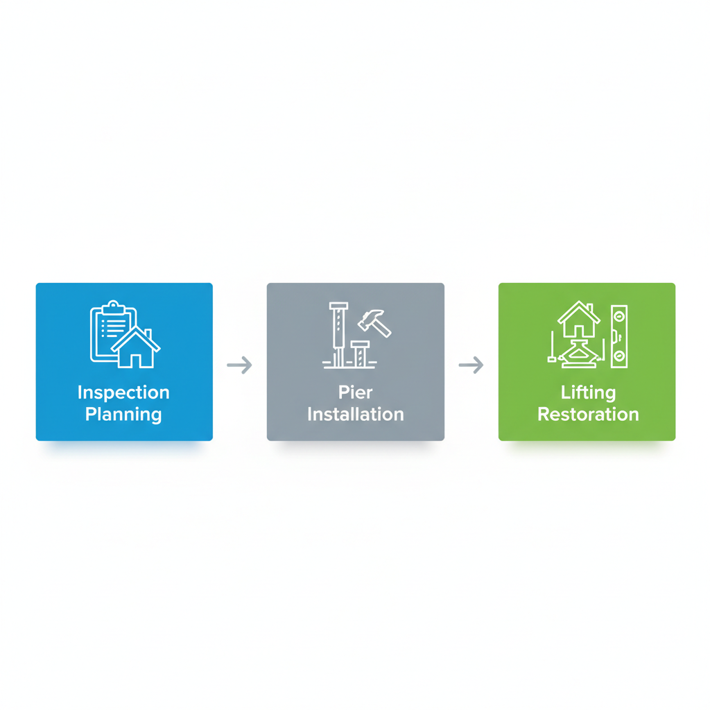 Horizontal process flow diagram showing three stages of foundation repair: inspection planning, pier installation, and lifting restoration with icons and arrows.