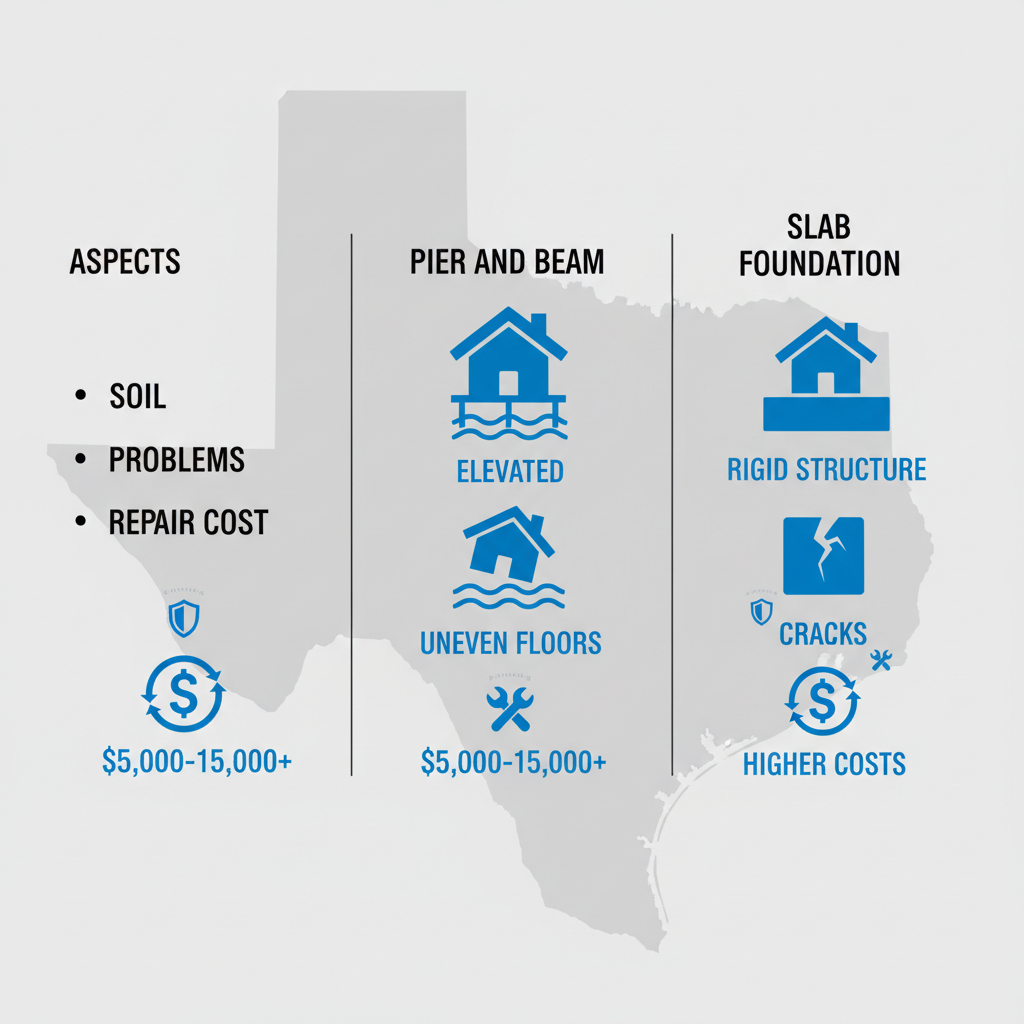 Infographic comparing pier and beam versus slab foundations in Pflugerville, highlighting soil adaptability, common issues, and repair costs with icons and data ranges.