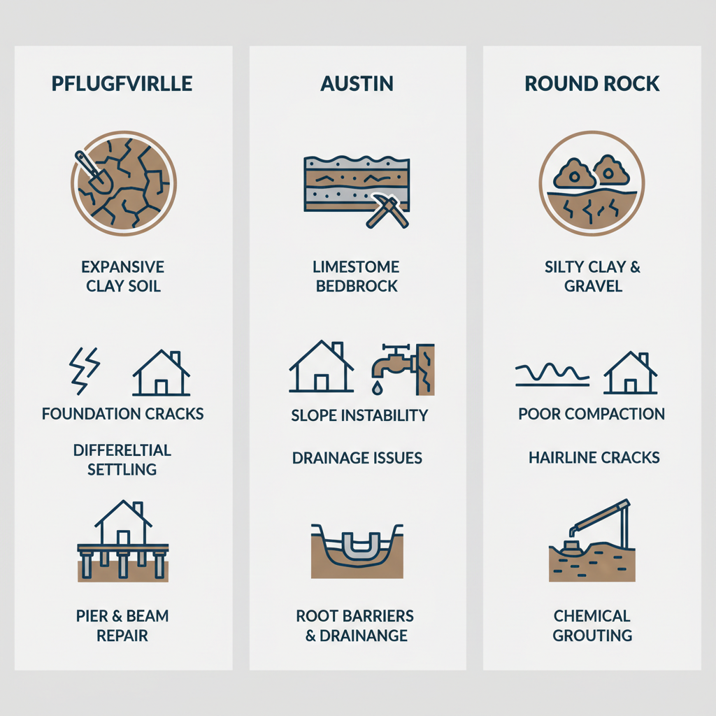 Infographic comparing foundation soil types, common issues, and repair methods in Pflugerville, Austin, and Round Rock.