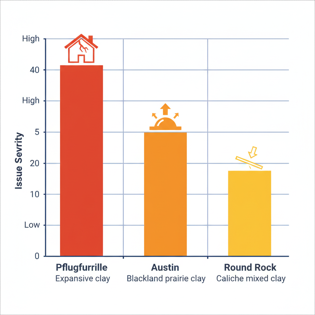 Bar chart illustrating foundation issue severity in Pflugerville, Austin, and Round Rock, highlighting soil types and common problems with icons.