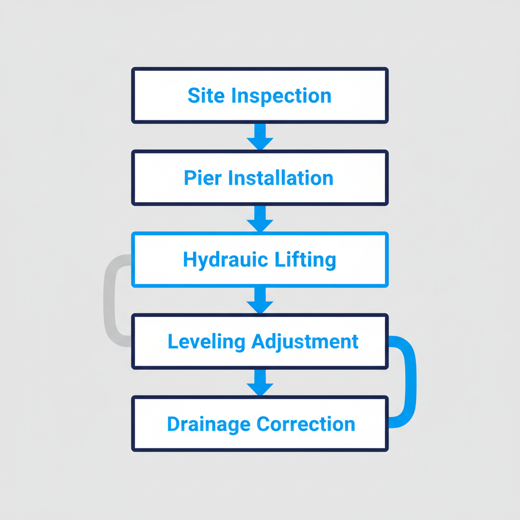 Vertical process flow diagram of slab foundation repair steps using push piling piers