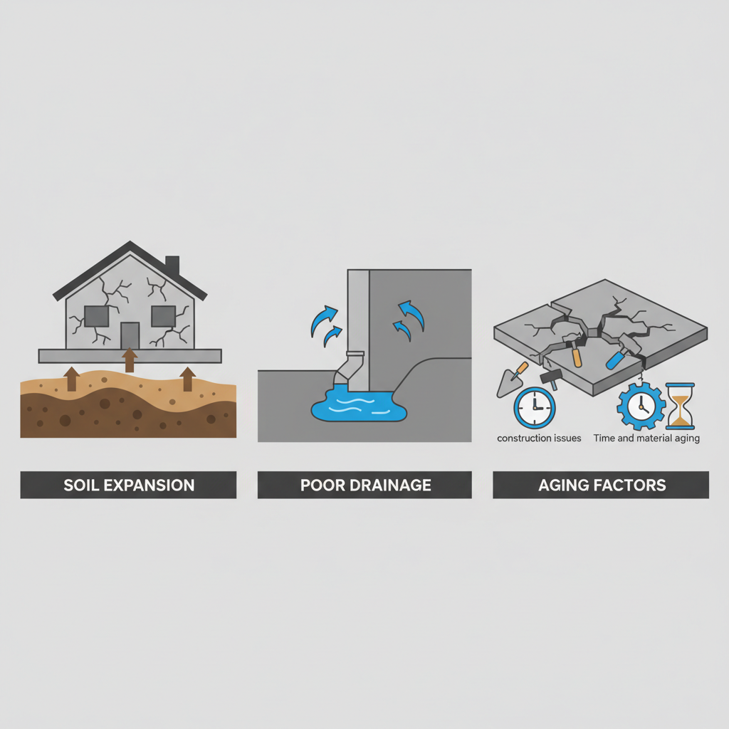 Infographic illustrating three primary causes of concrete foundation cracks: soil movement, poor drainage, and construction aging factors in Texas homes.