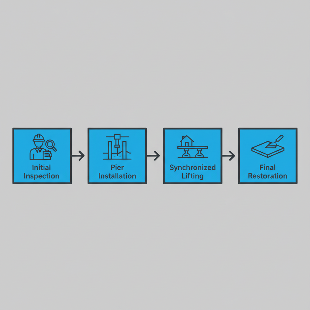 Horizontal process flow diagram showing four steps for repairing foundation cracks with push piling: inspection, pier installation, lifting, and restoration.