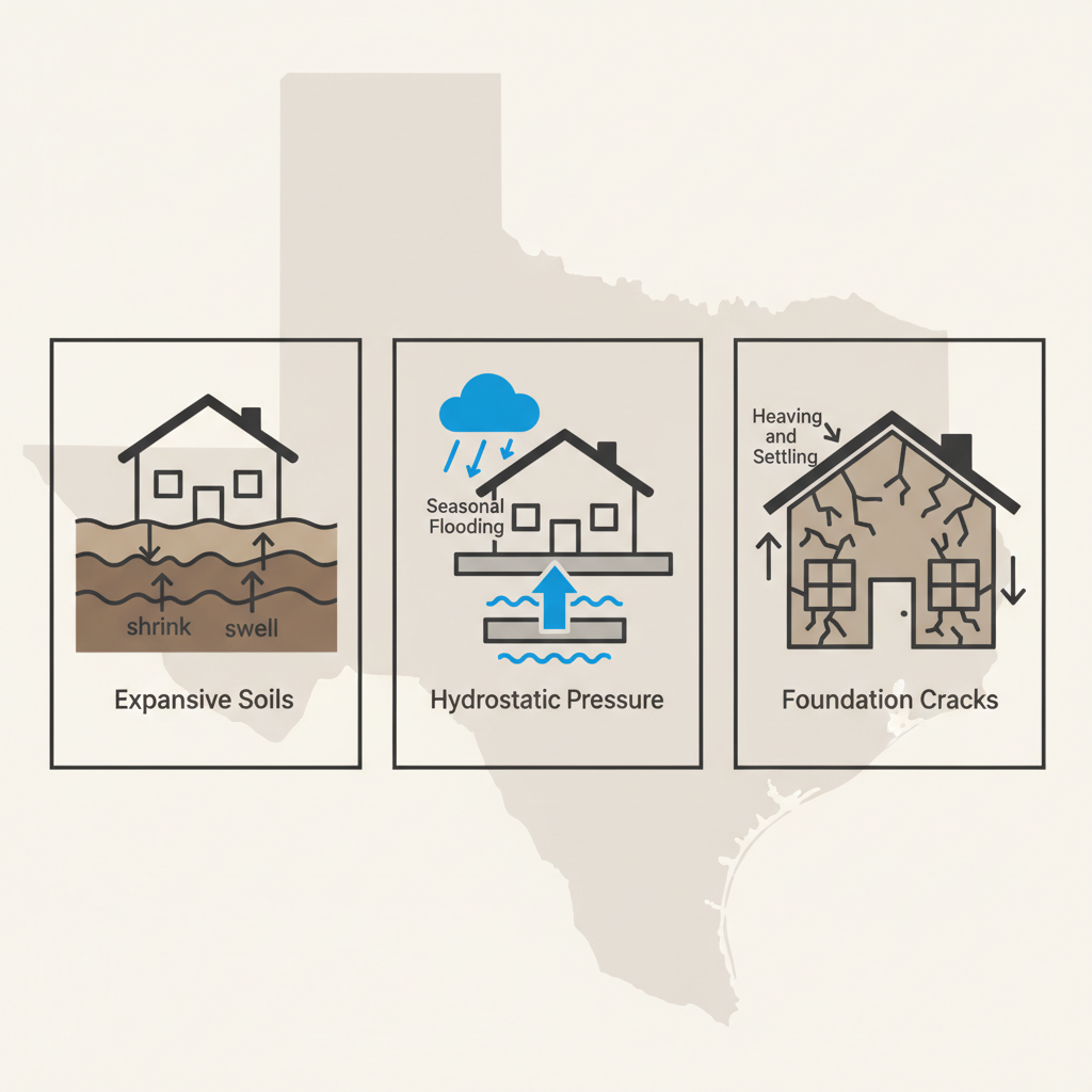 Infographic showing expansive soils, flooding pressure, and cracks in New Braunfels foundations