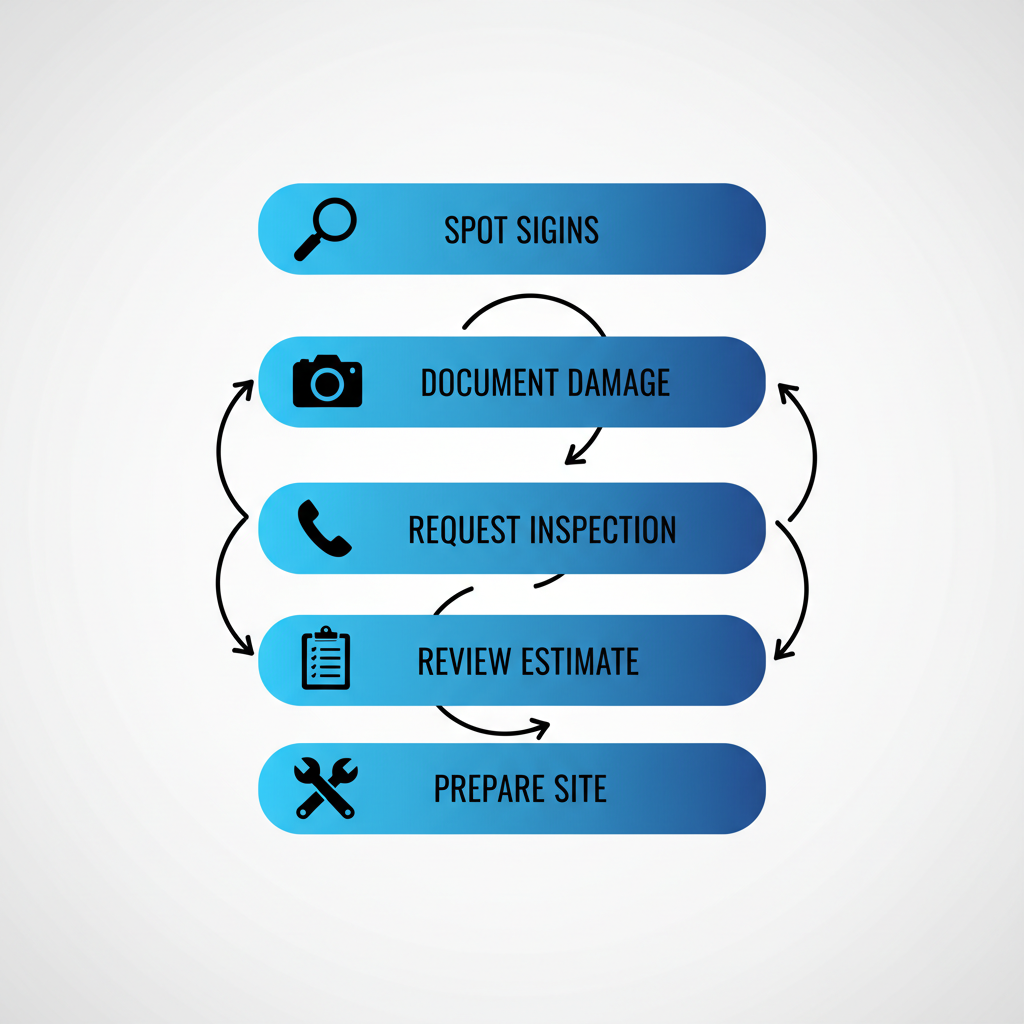 Vertical process flow diagram illustrating five key steps to address foundation issues: spotting signs, documenting damage, requesting inspection, reviewing estimate, and preparing site.