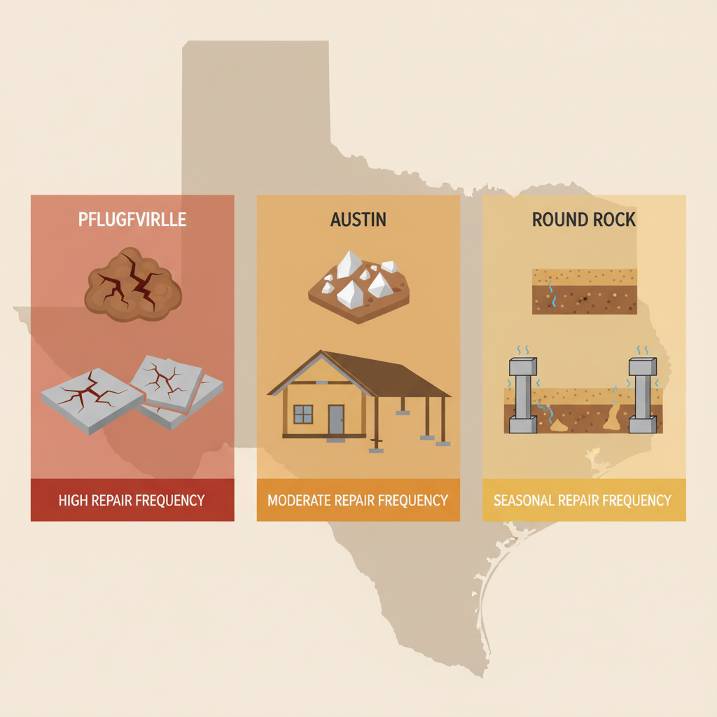 Infographic depicting foundation issues comparison in Pflugerville, Austin, and Round Rock with soil types, illustrations, and frequency bars.