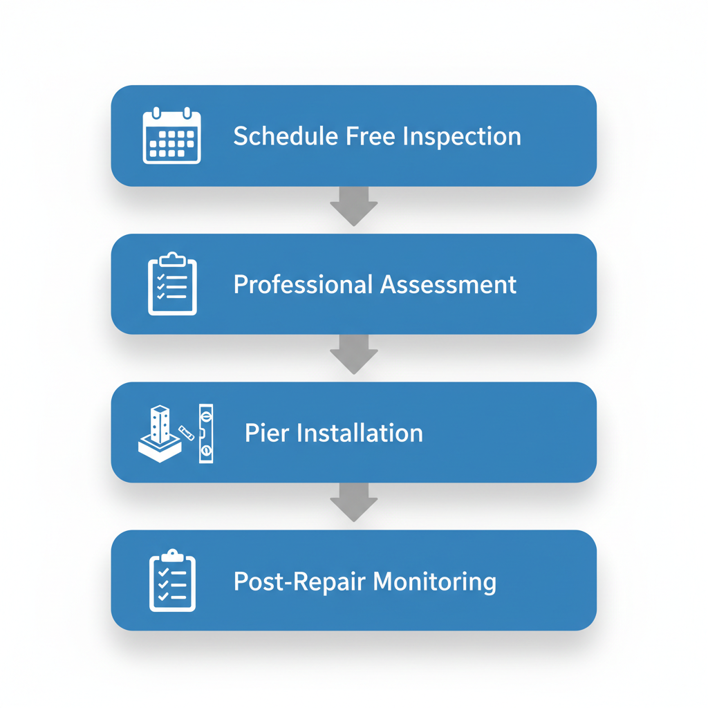 Vertical process flow diagram showing four stages of foundation repair initiation: scheduling inspection, assessment, installation, and monitoring.