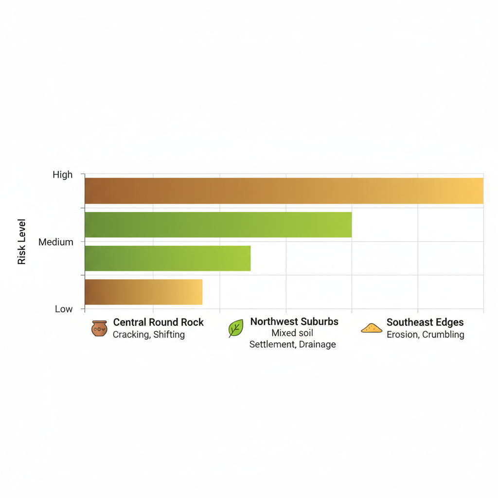 Horizontal bar chart comparing foundation risk levels in Round Rock areas with soil types and common issues