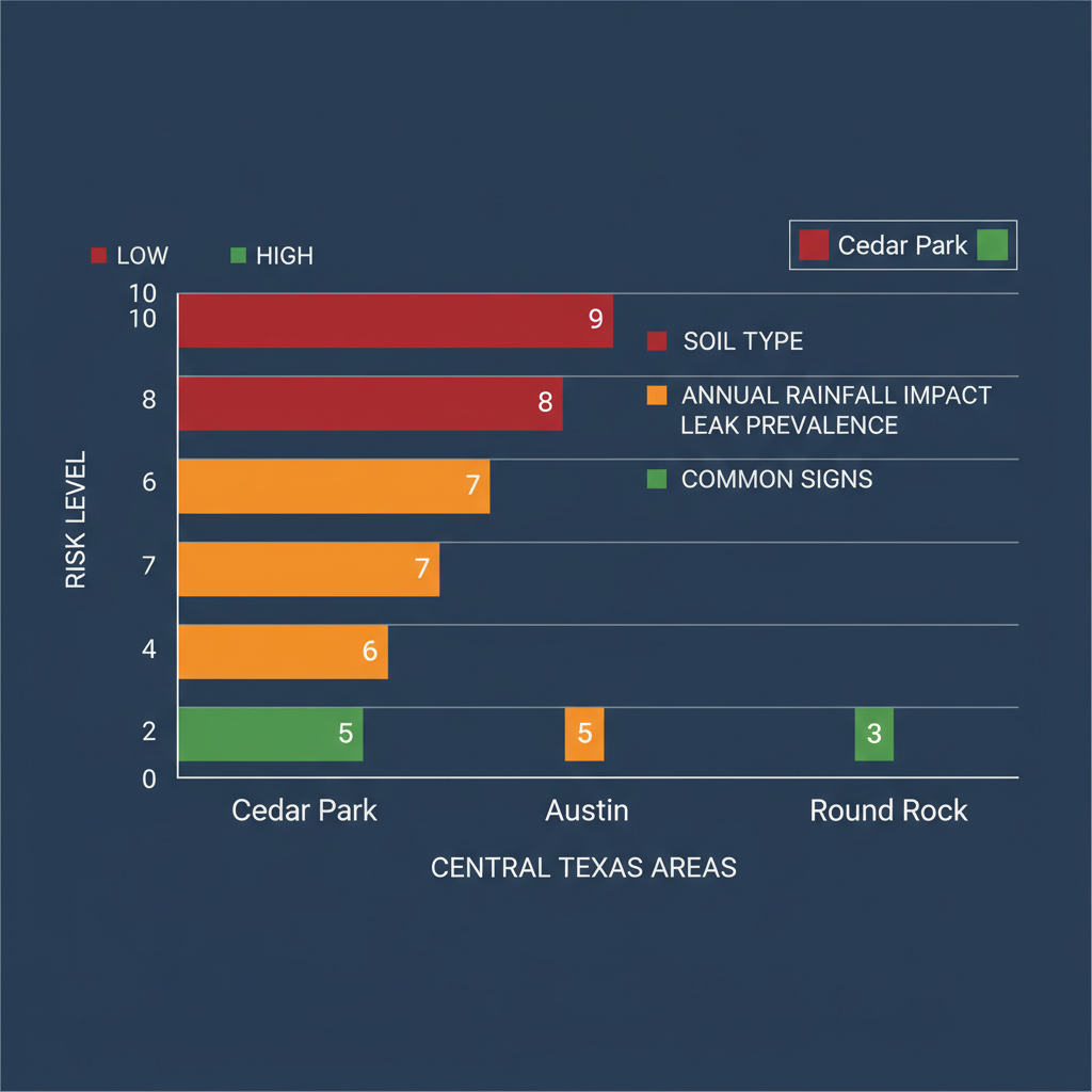 Bar chart comparing foundation leak risks across Central Texas areas including soil type, rainfall, prevalence, and signs for Cedar Park, Austin, and Round Rock.