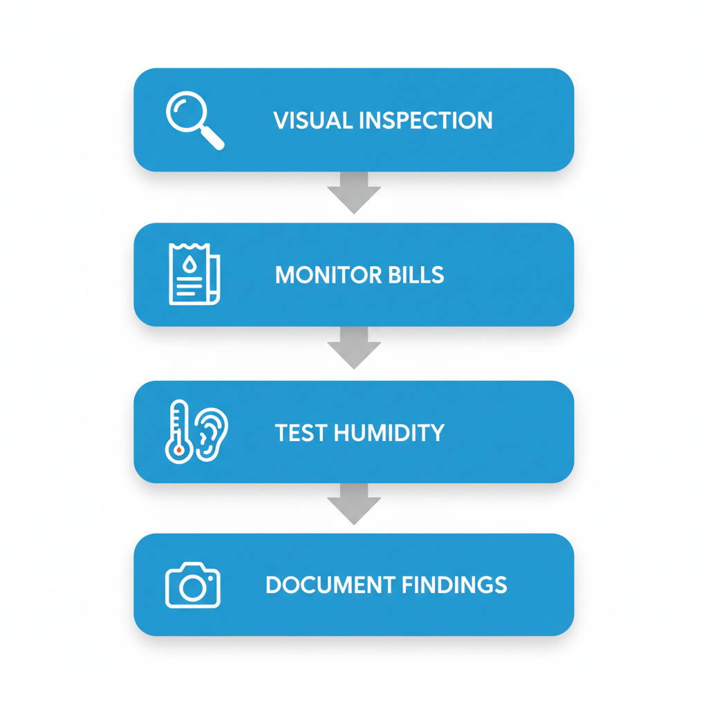 Vertical process flow diagram illustrating five steps for DIY foundation leak detection in residential homes with icons and minimal labels