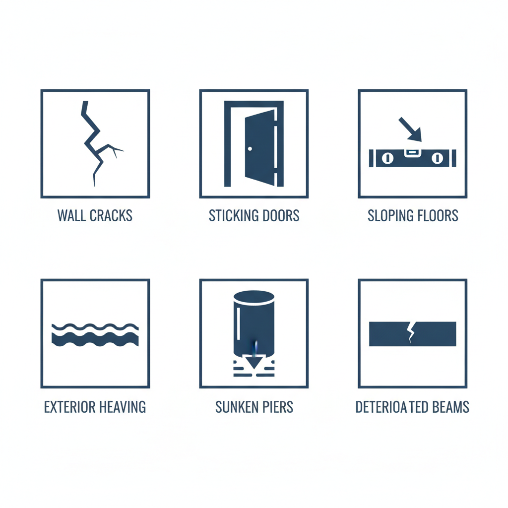 Grid of icons depicting common signs of pier and beam foundation issues including wall cracks, sticking doors, sloping floors, exterior heaving, sunken piers, and deteriorated beams.