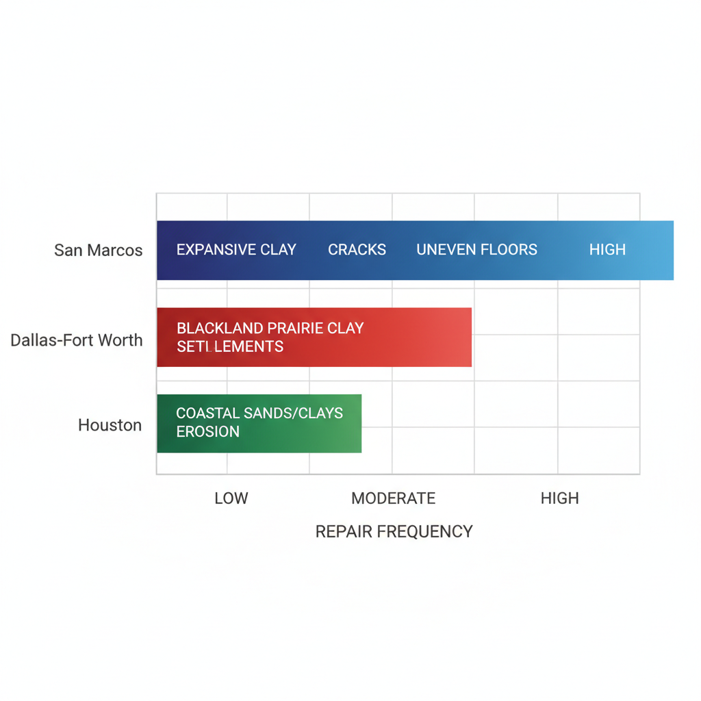 Horizontal bar chart comparing foundation repair frequencies and issues in San Marcos, Dallas-Fort Worth, and Houston regions of Texas