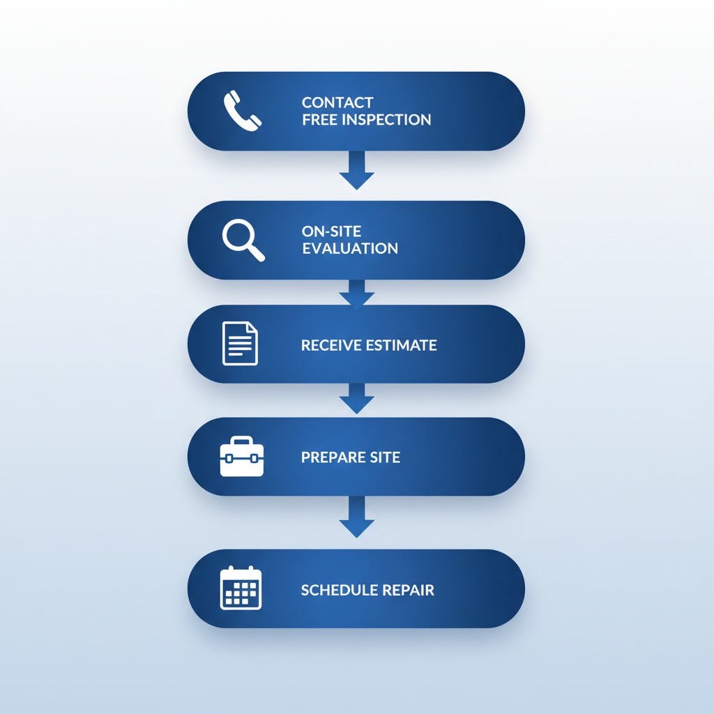 Vertical process flow diagram illustrating five steps for starting foundation repair: contact inspection, on-site evaluation, receive estimate, prepare site, schedule repair.