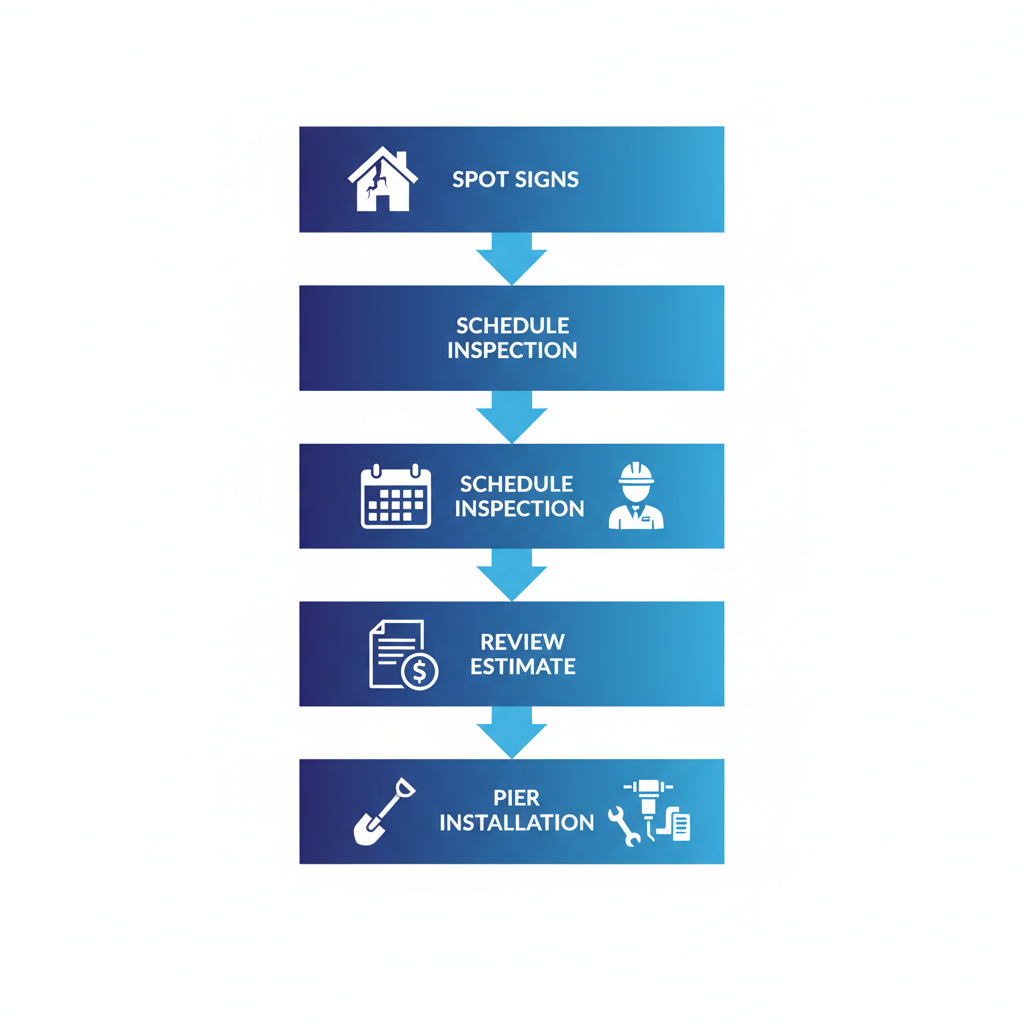Vertical process flow diagram illustrating four steps for addressing foundation problems in San Marcos homes, including spotting signs, scheduling inspection, reviewing estimates, and pier installation.