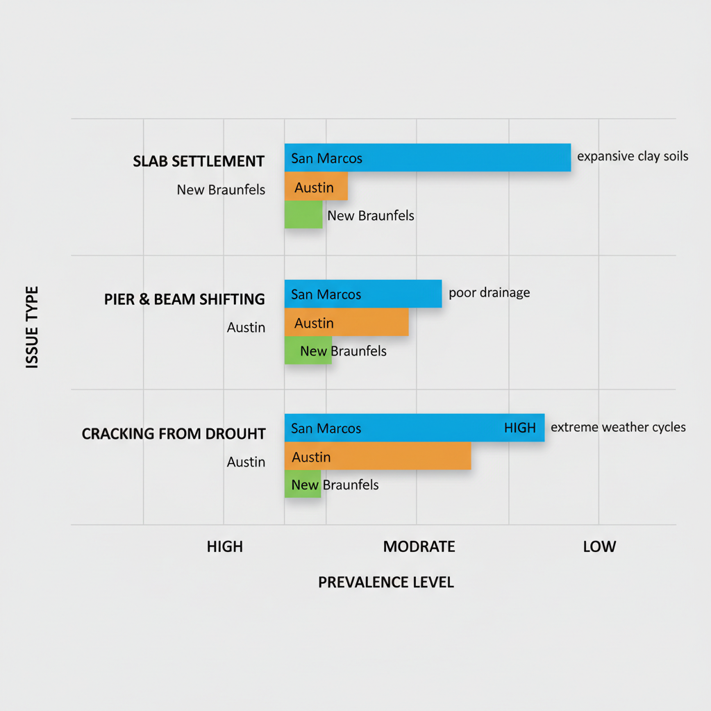 Horizontal bar chart comparing prevalence of foundation issues like slab settlement, pier and beam shifting, and drought cracking across San Marcos, Austin, and New Braunfels regions