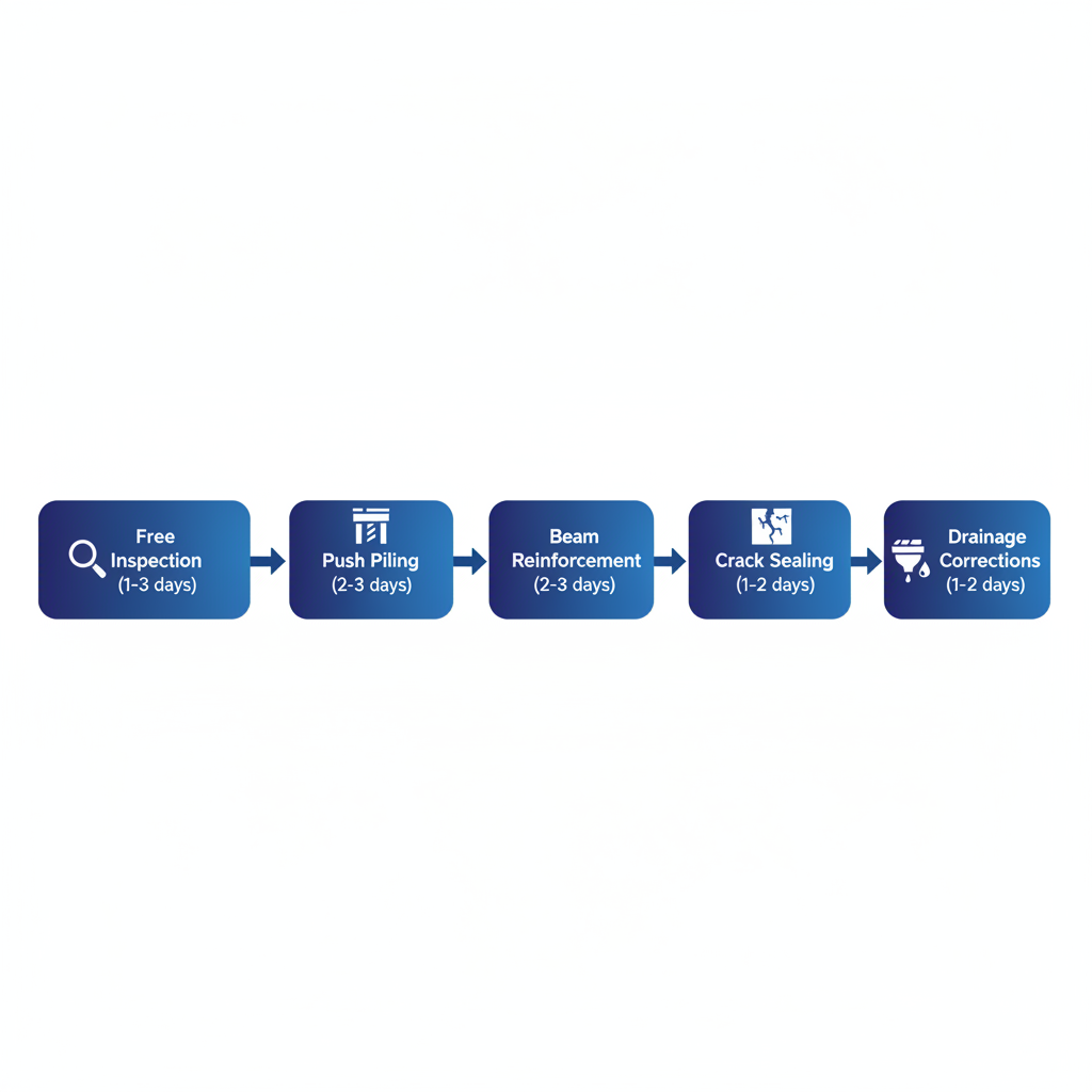 Horizontal process flow diagram illustrating five key steps in foundation repair services including inspection, piling, reinforcement, sealing, and drainage correction.