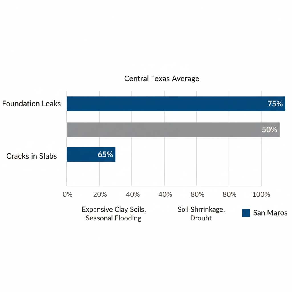 Horizontal bar chart comparing prevalence of foundation leaks and cracks in San Marcos versus Central Texas average, highlighting regional soil and weather impacts