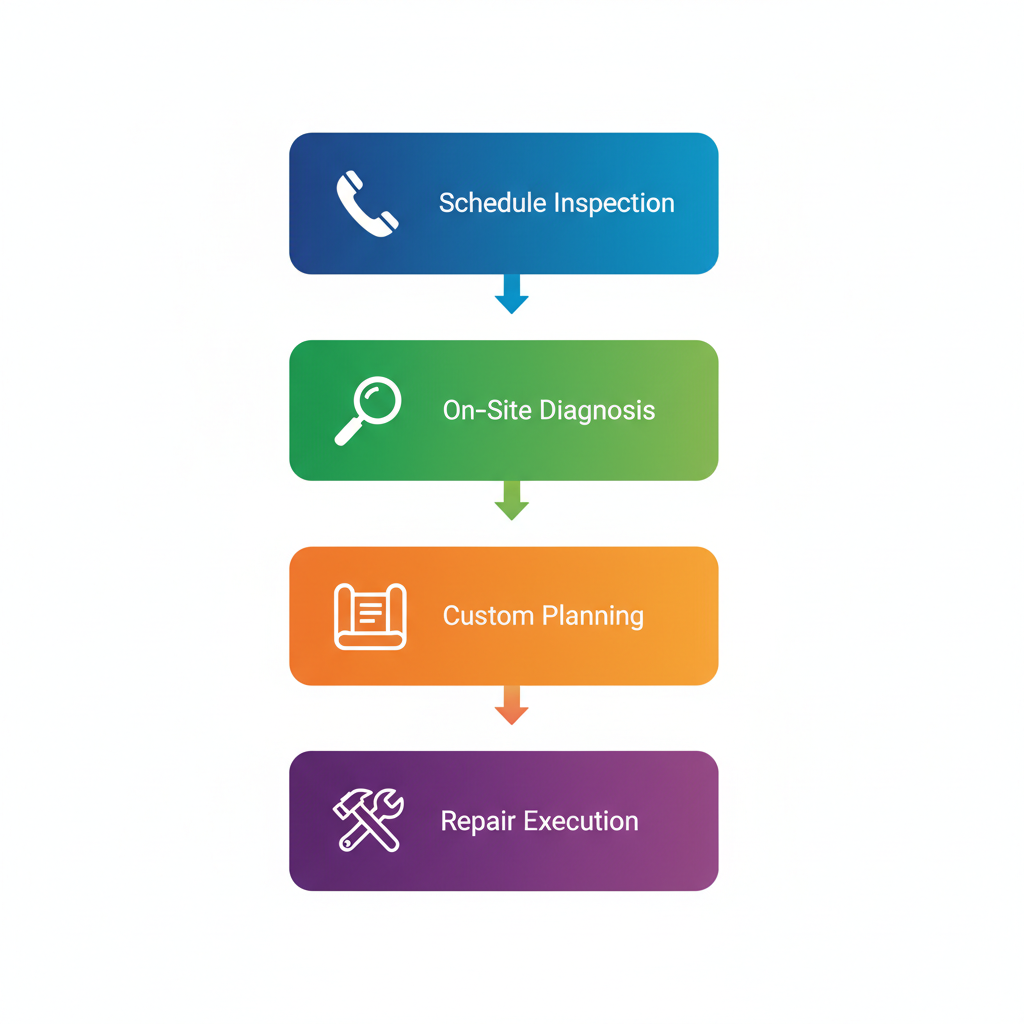 Vertical process flow diagram illustrating four key steps for initiating pier and beam foundation repairs in San Marcos