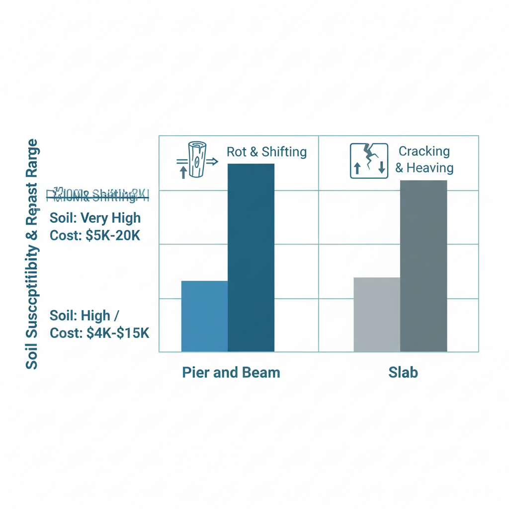 Landscape bar chart comparing pier and beam versus slab foundations in San Marcos, showing soil susceptibility, repair costs, and issue icons.