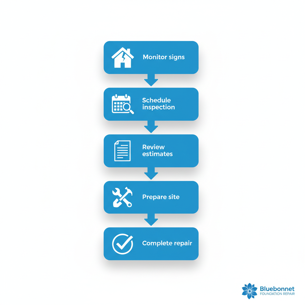 Vertical process flow diagram showing five steps to address foundation issues in San Marcos.