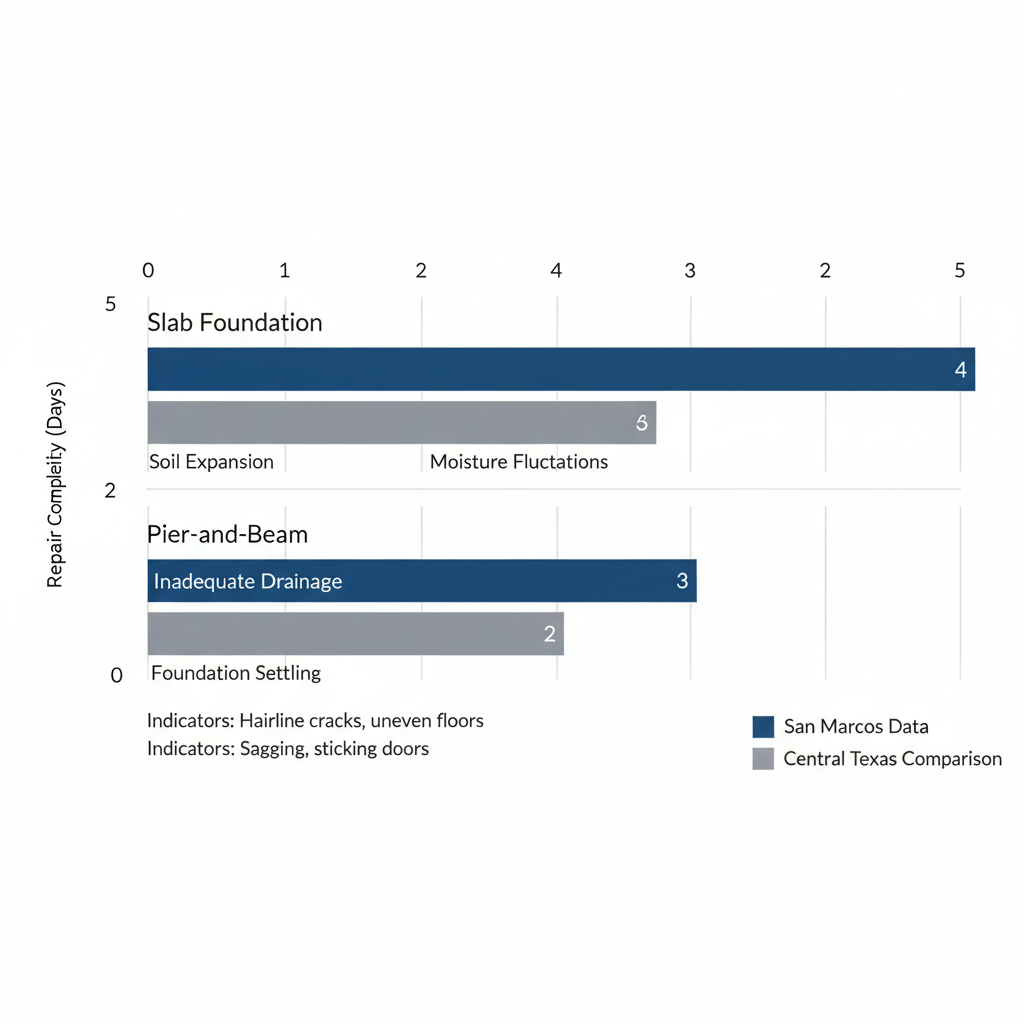 Horizontal bar chart comparing foundation crack vulnerabilities in San Marcos and Central Texas regions.