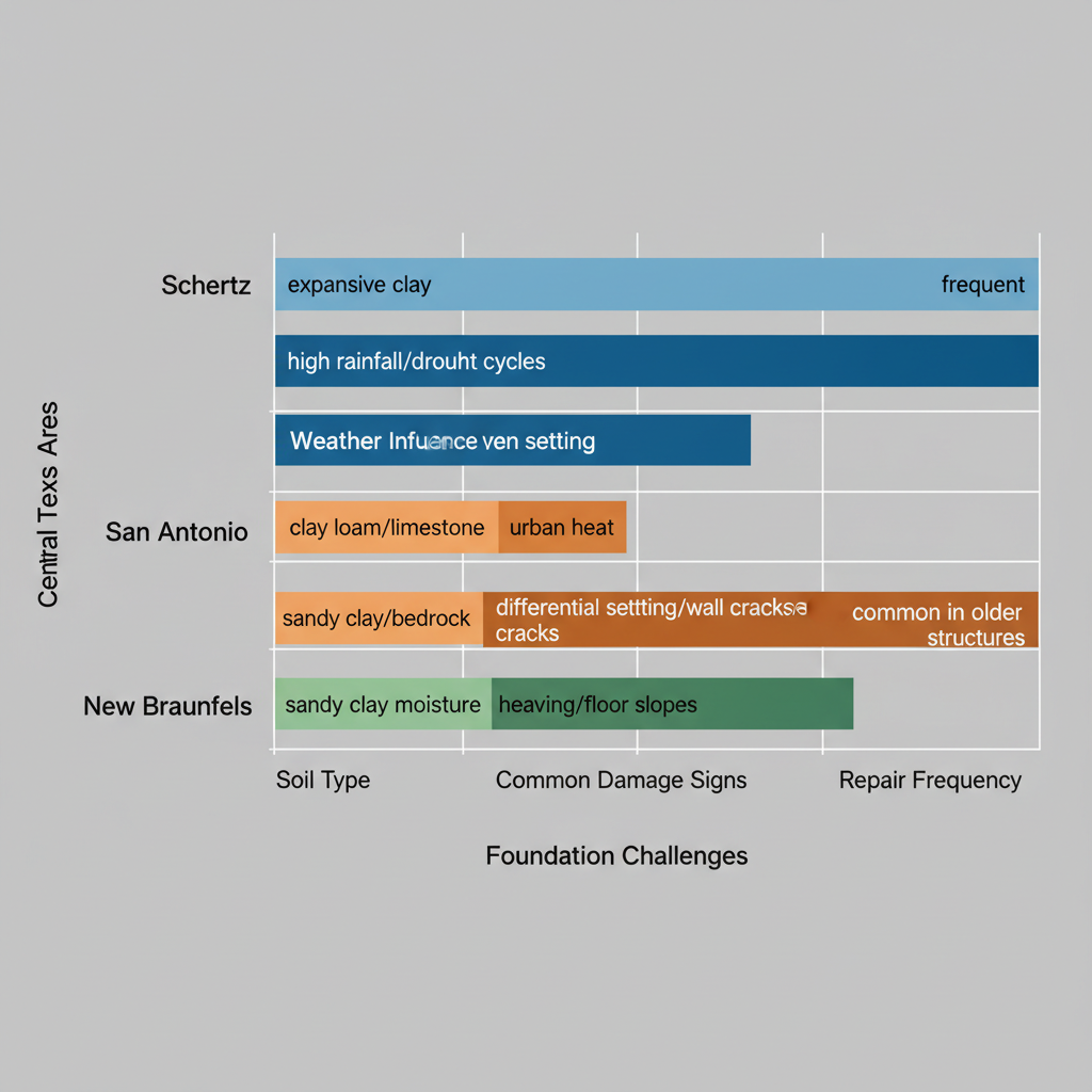 Horizontal bar chart comparing foundation challenges across Schertz, San Antonio, and New Braunfels in Central Texas