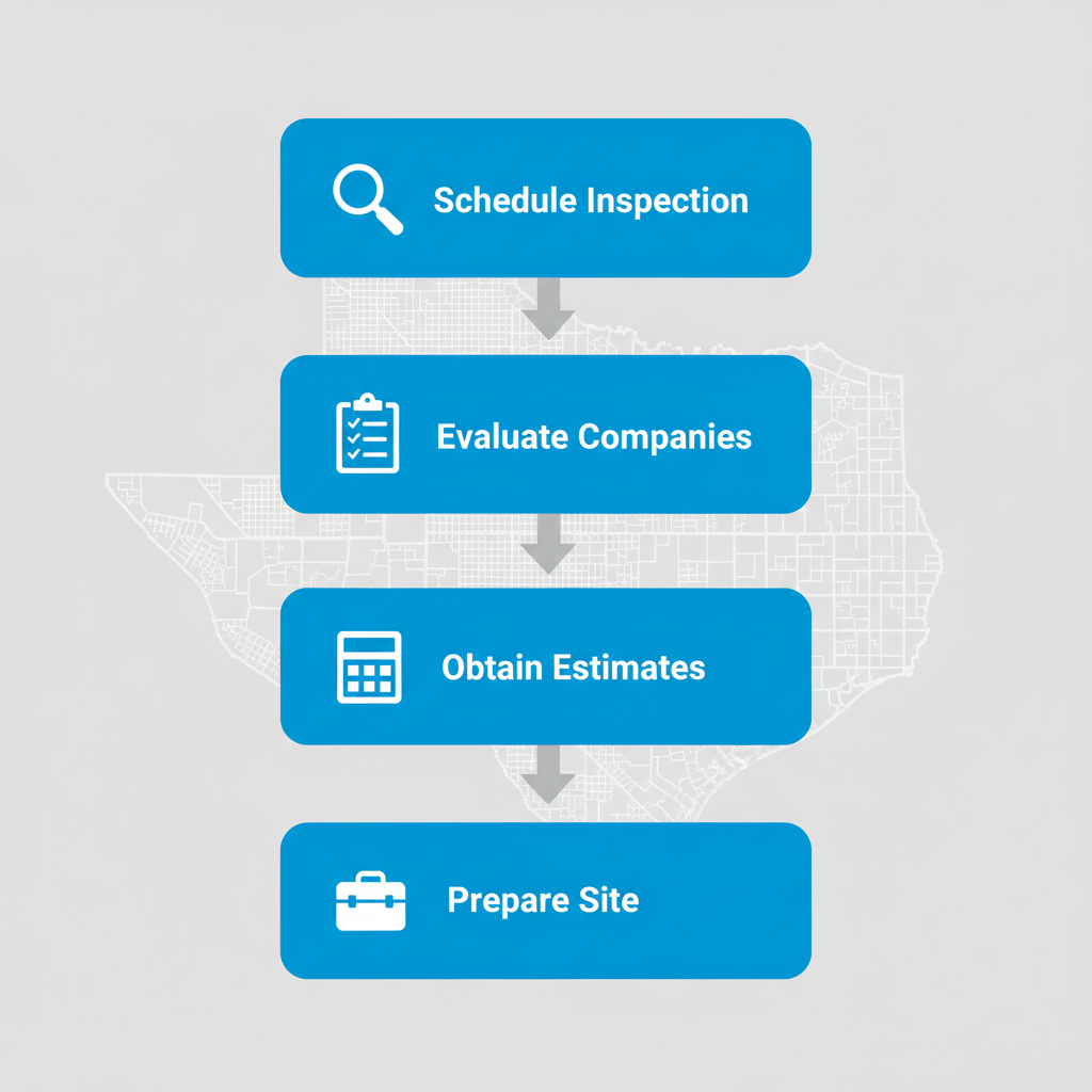 Vertical diagram showing four steps to start a foundation repair project: scheduling inspection, evaluating companies, obtaining estimates, and preparing site.