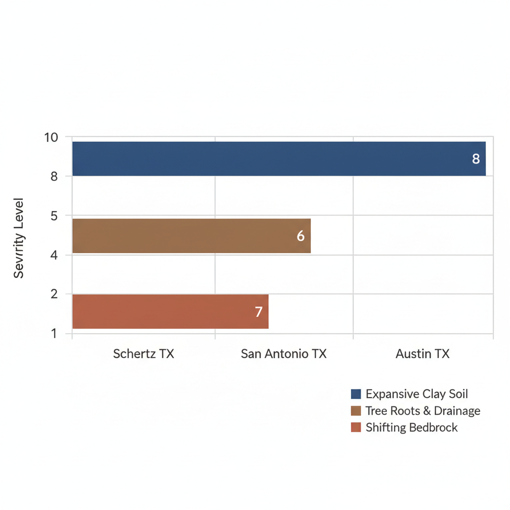 Comparative bar chart of foundation challenge severity levels in Schertz, San Antonio, and Austin, Texas areas