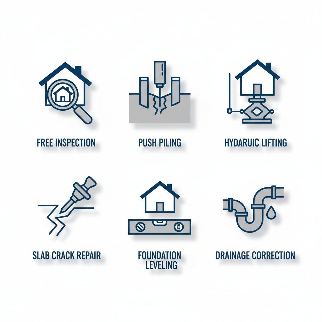 Grid of icons illustrating foundation repair services including free inspection, push piling, hydraulic lifting, slab crack repair, foundation leveling, and drainage correction.