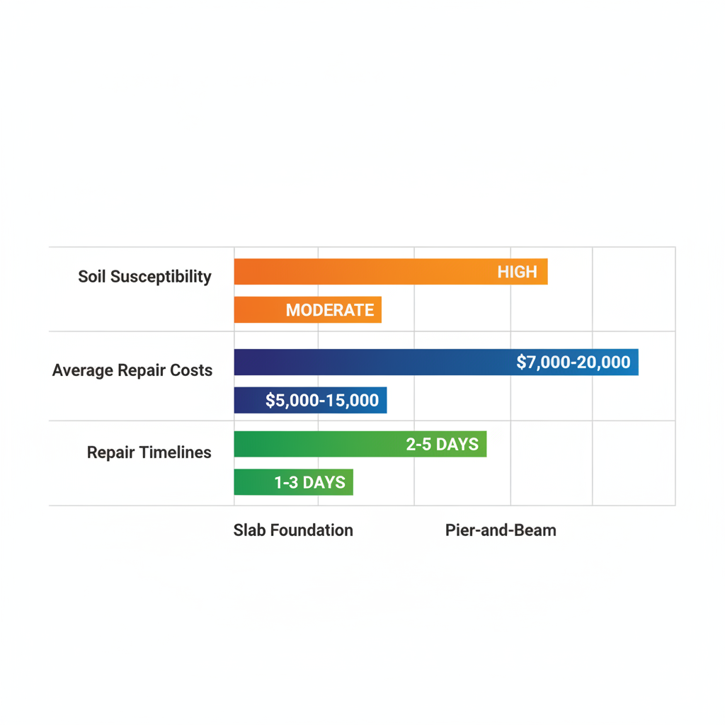 Horizontal bar chart comparing slab and pier-and-beam foundation types in Seguin, Texas, with metrics for soil susceptibility, repair costs, and timelines.