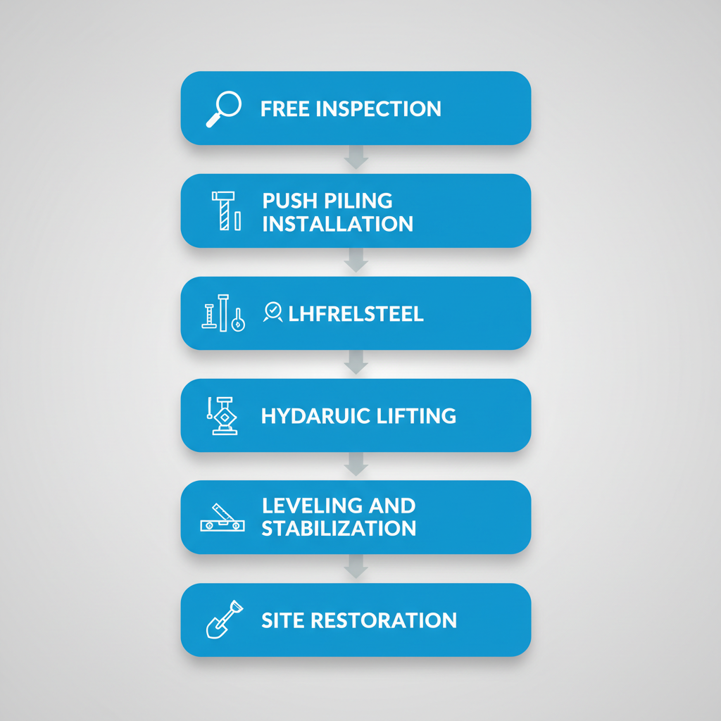 Vertical process flow diagram illustrating the five stages of foundation repair services in Seguin, Texas: free inspection, push piling installation, hydraulic lifting, leveling and stabilization, site restoration.