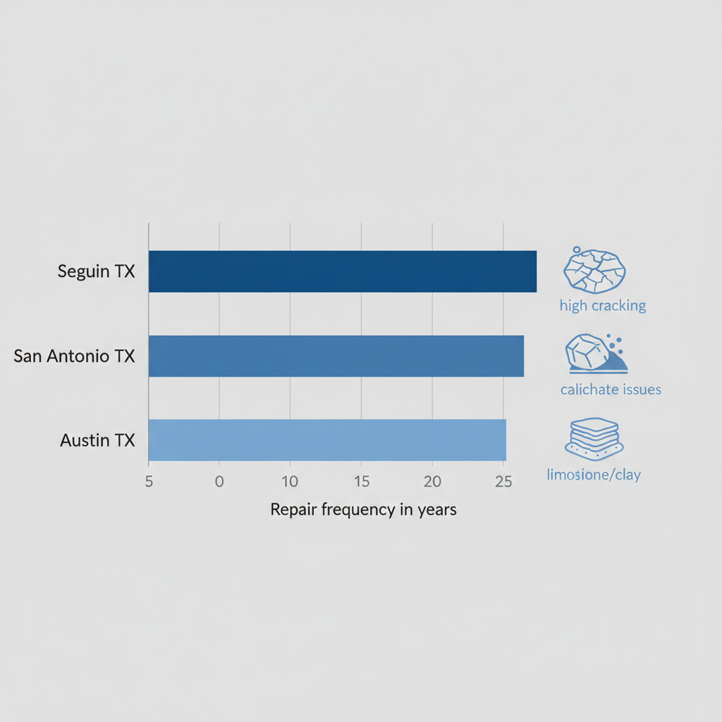 Horizontal bar chart comparing foundation repair frequencies and soil types in Seguin, San Antonio, and Austin, Texas regions