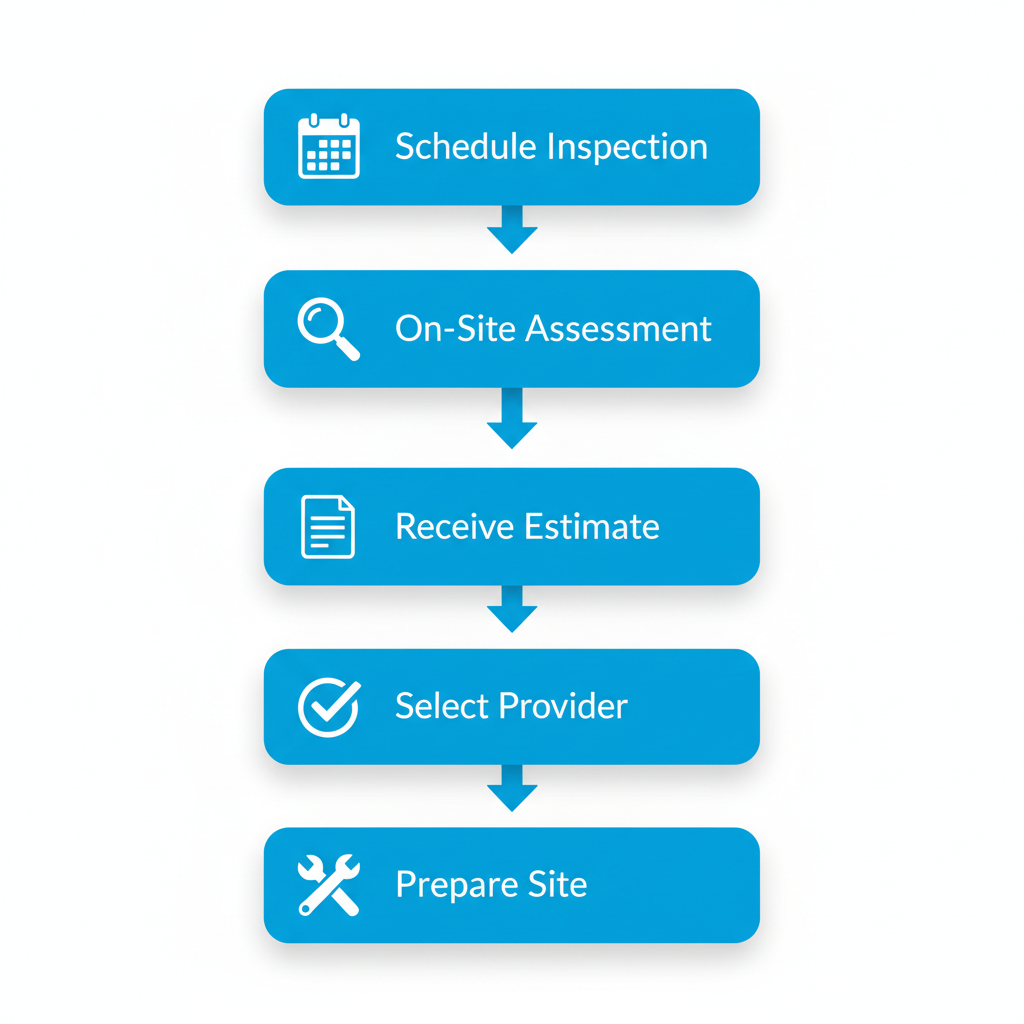 Vertical process flow diagram illustrating five key steps to begin a foundation repair project: scheduling free inspection, on-site assessment, receiving written estimate, selecting licensed provider, and preparing site with permits.