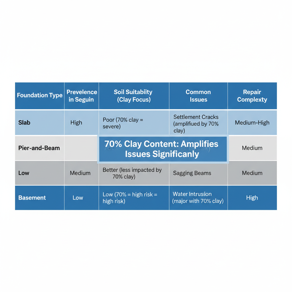 Table comparing foundation types, prevalence, soil suitability, issues, and repair complexity in Seguin's clay-heavy soils