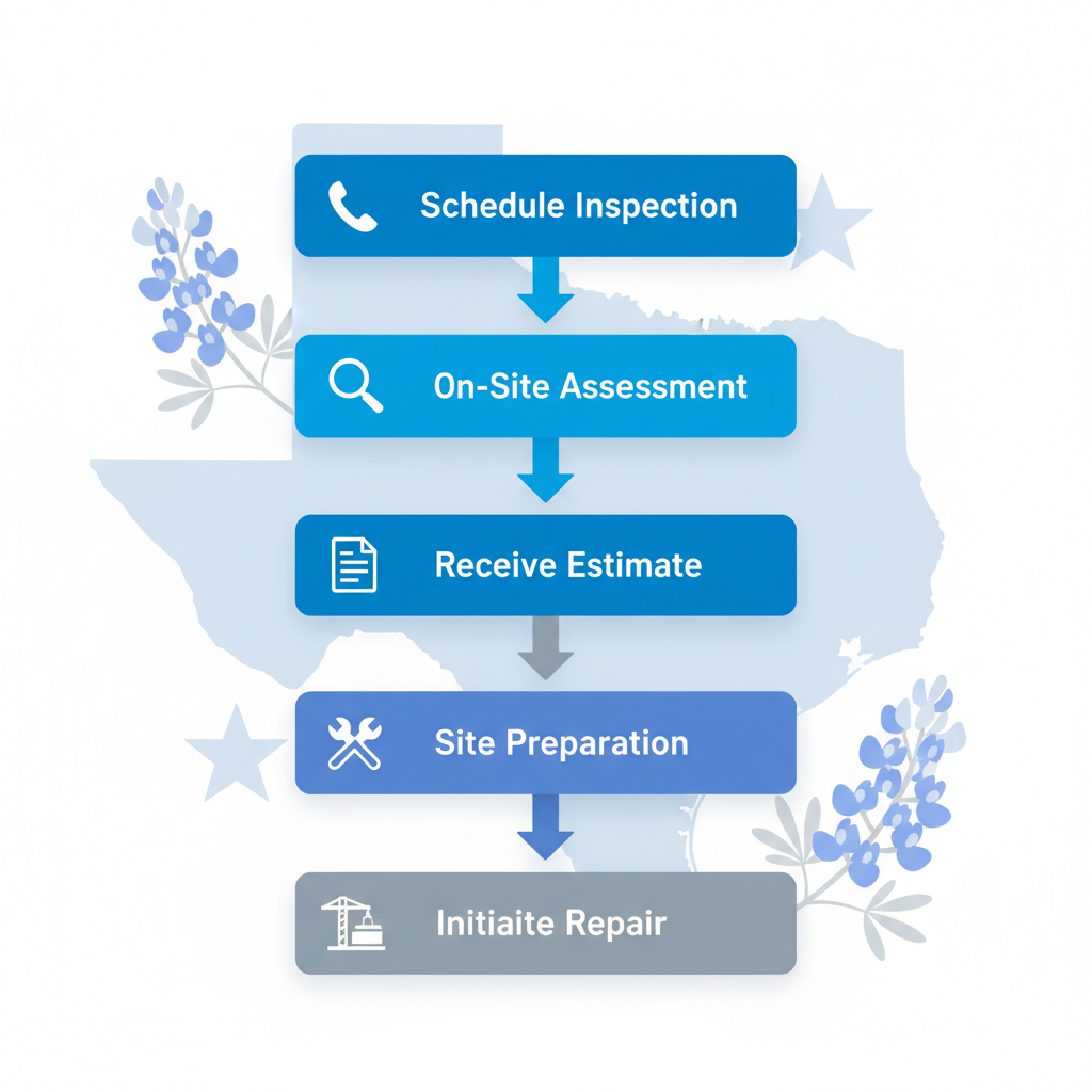 Vertical process flow diagram illustrating five key steps for starting foundation repair in Seguin, Texas