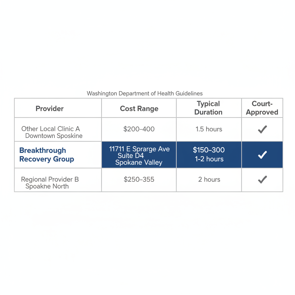 Infographic comparing DUI assessment providers in Spokane, featuring Breakthrough Recovery Group and local competitors with costs, durations, and approvals.