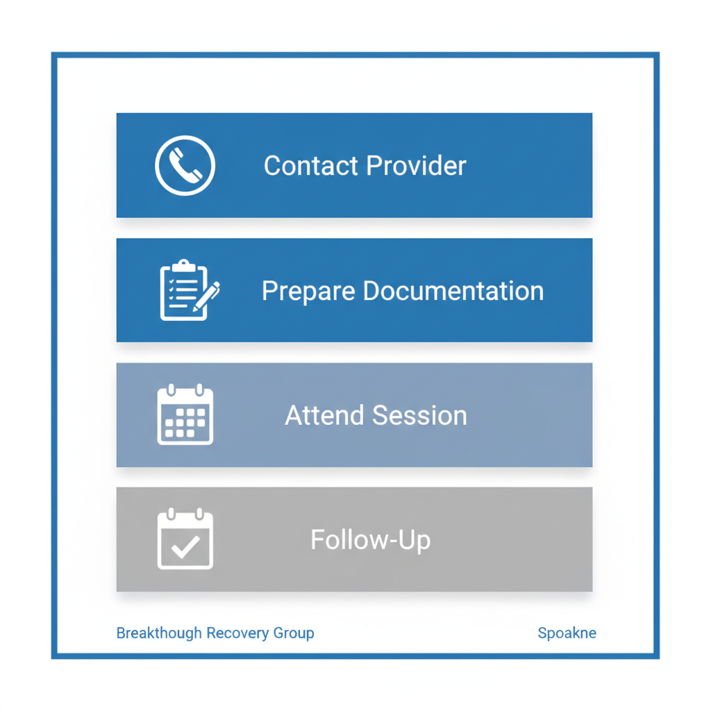 Vertical process flow diagram showing four steps to begin DUI assessment in Spokane: contact provider, prepare documentation, attend session, and follow-up.