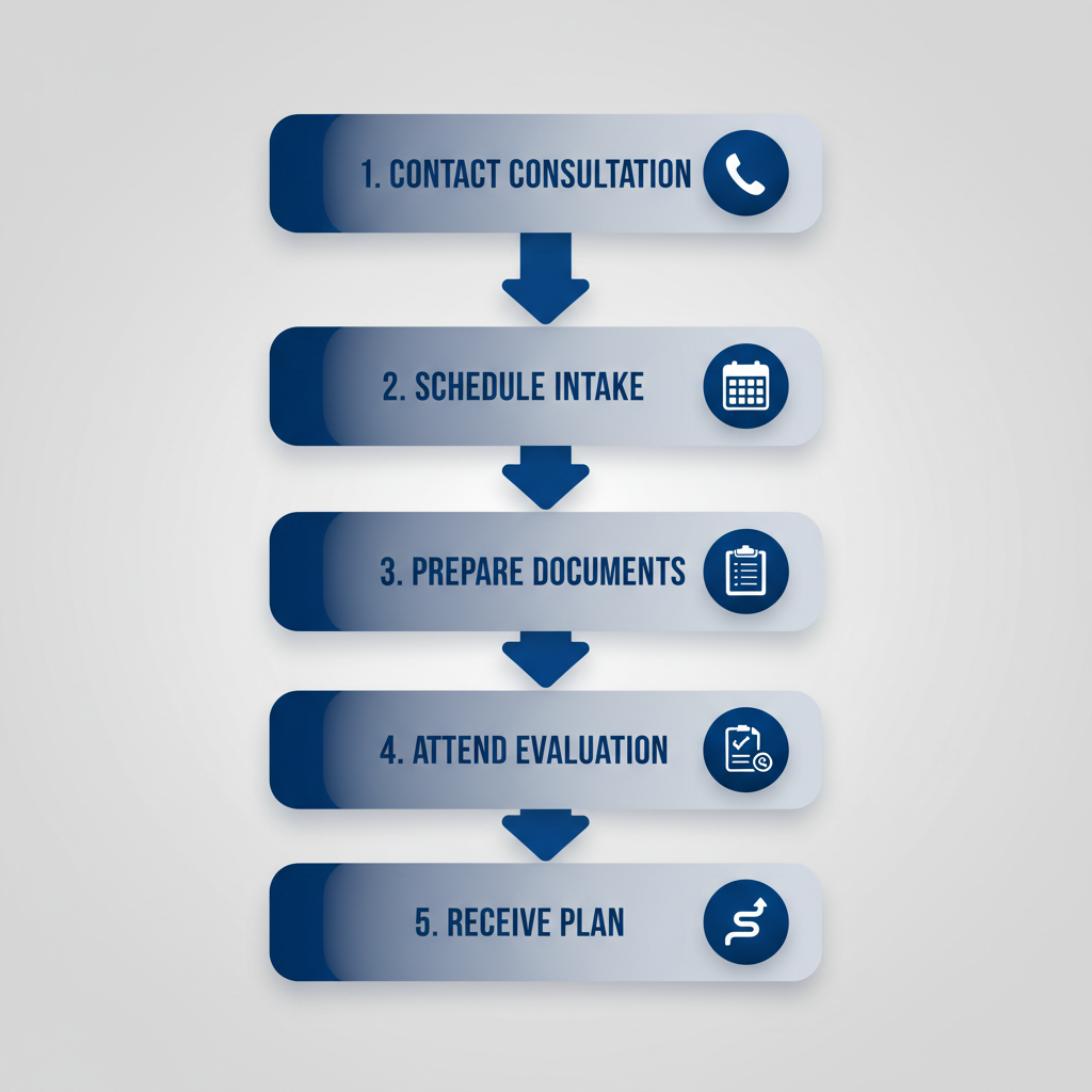 Vertical diagram illustrating five steps for starting a drug evaluation: contact for consultation, schedule intake, prepare documents, attend session, receive treatment plan.