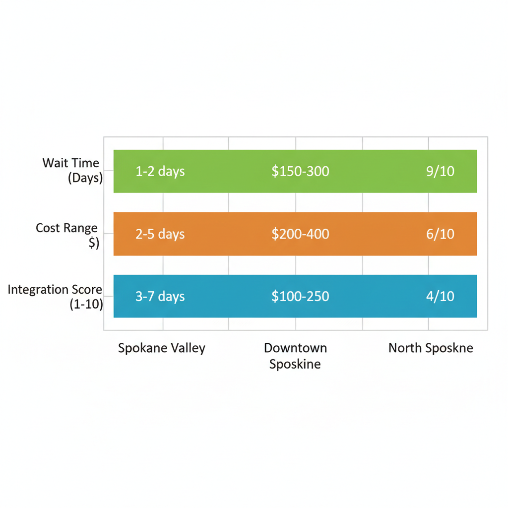 Horizontal bar chart comparing drug evaluation services in Spokane Valley, Downtown Spokane, and North Spokane by wait time, cost, and integration score
